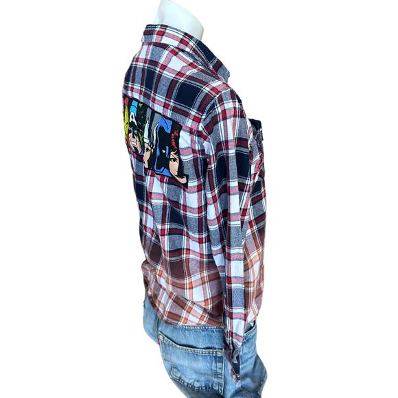 Avengers Plaid Flannel Shirt SMALL Oversize Shacket Upcycle Unique Marvel Blue - Picture 3 of 5